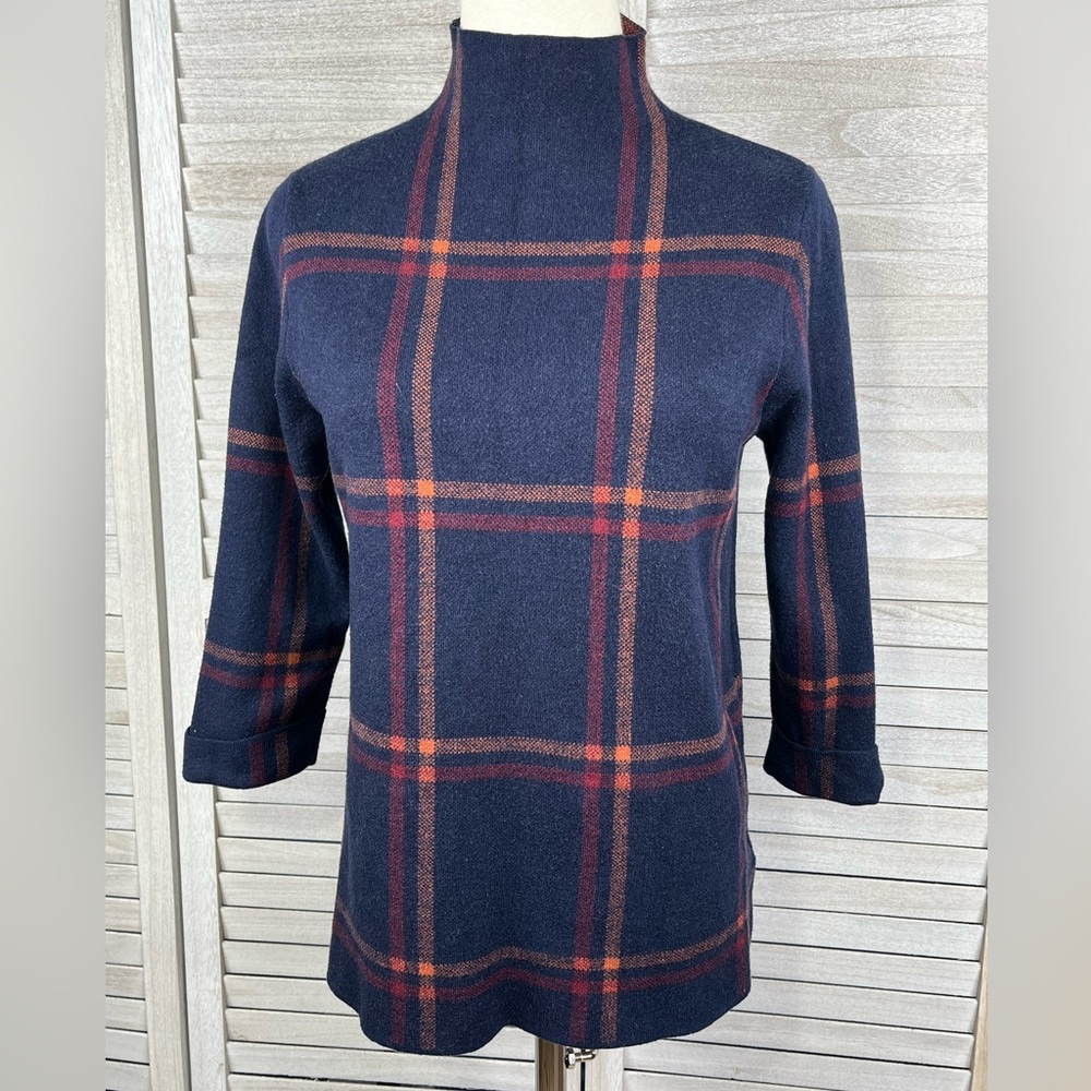MAX STUDIO Windowpane Plaid Mock Neck Pullover Sweater Navy/Multi-Medium